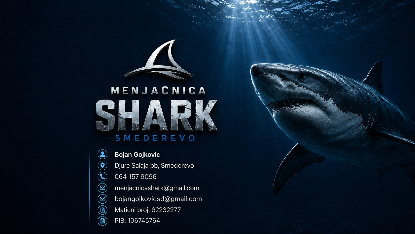Menjacnica Shark Smederevo, srebrno peraje i ajkula u tamnoplavom moru